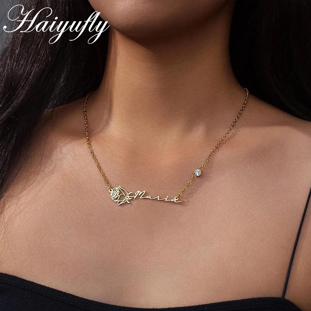 Birth Flower Necklace - Haiyufly 여성용 맞춤형 이름 목걸이, 탄생꽃,